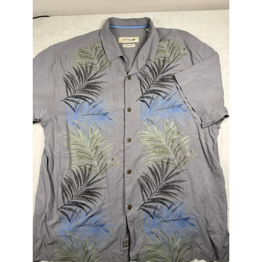 Tommy Bahama Mens XL 100% Silk Gray Palm Embroidered Hawaiian Camp Shirt